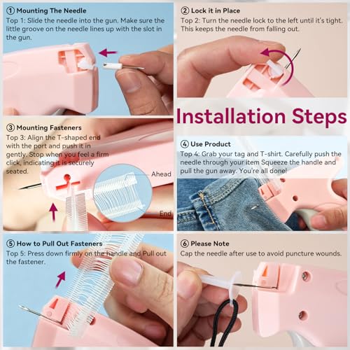 Image of AISOSO Handheld Tagging Gun for Clothes, with Fasteners in Two Sizes, Pink | Includes 0.5mm Needle Quick Clothing Fixer, 1500pcs Each in 0.98 inch and 1.38 inch Lengths, for Securing Cuffs, Collars, Tags