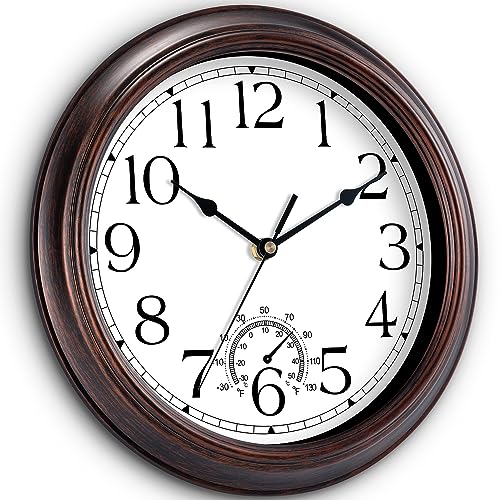 Image of KECYET 8.5 Inch Outdoor Wall Clock with Thermometers, Vintage Silent Wall Clocks Battery Operated, Retro Non-Ticking Clock Decorative for Living Room, Patio, Kitchen, Office, Bathroom, Bedroom(Bronze)
