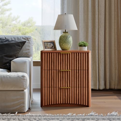 Image of Evermagin Fluted Nightstand Set of 2, Walnut Bedside Table with 3 Drawers, Wood End Table with Storage Mid Century Modern, Large Night Stand for Bedroom
