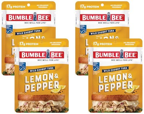 Bumble Bee Lemon &amp; Pepper Seasoned Tuna Pouch - Wild Caught and Ready to Eat for Snack, Salad, Korean Tuna Bowl - 17g Protein per Serving - PERFECT, PORTABLE, GOODNESS - 2.5 oz Packet (Pack of 4)