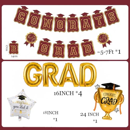Image of Maroon Gold Balloons Burgundy GRAD Print Balloons with Banner Table Honeycomb Centerpieces Hanging Swirl trophy star GRAD Letters Mylar Balloons for 2026 graduate Prom Decorations