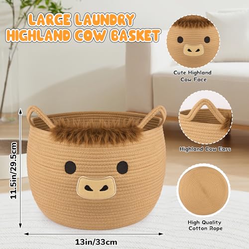 Image of Highland Cute Cow Basket for Nursery, Large Blanket Gift Basket | Woven Rop Cotton Storage, Baby Laundry 0rganizer with Ears Handles, Towels Toy Clothes Gifts Storage Cat Dog Bin,13 inchDx11.5 inchH