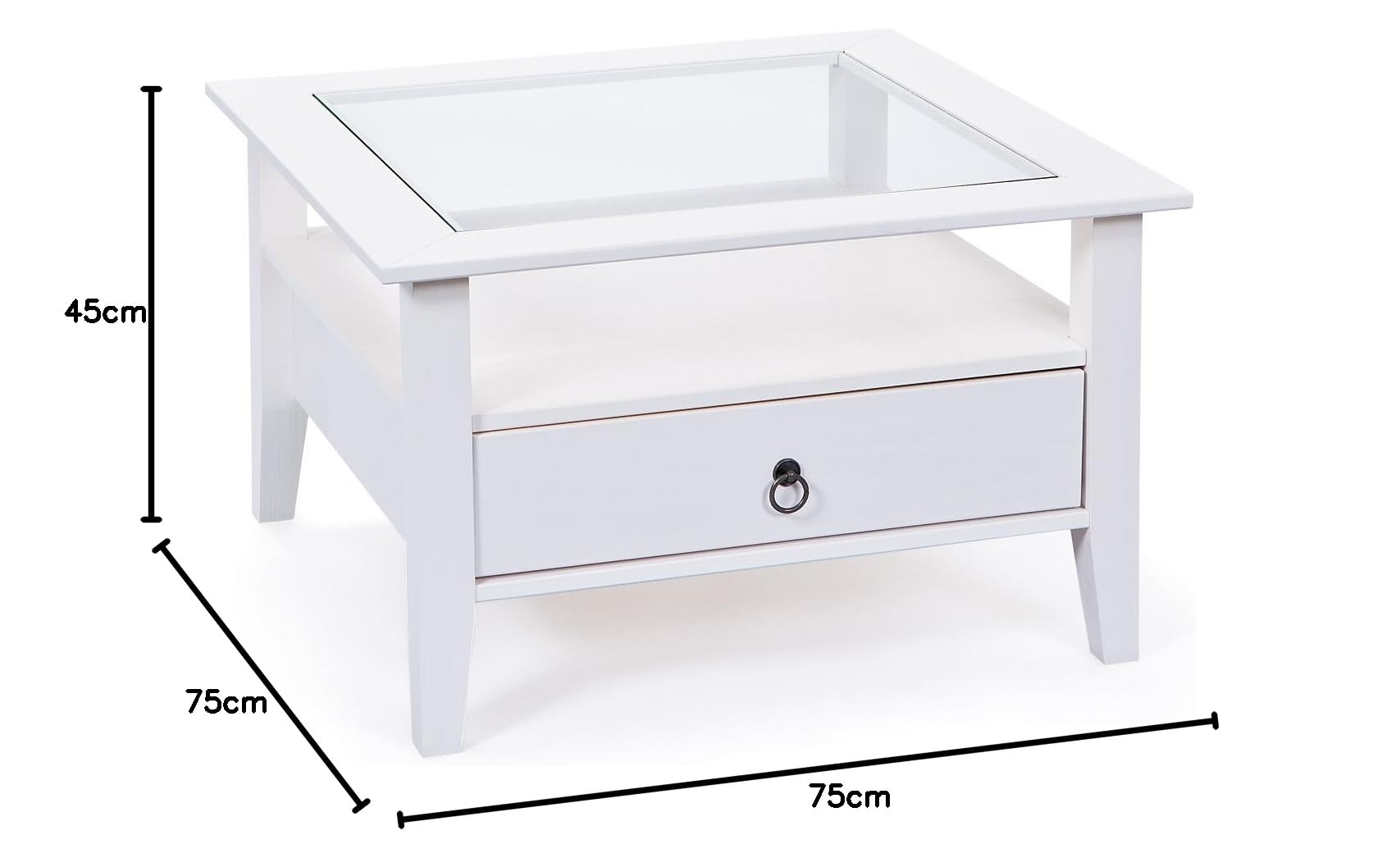 Inter Link - Couchtisch - Massivholztisch - Wohnzimmertisch - Sofatisch - Kiefer Massiv - mit Glasplatte - 1 weiß gebeizte Schubladen - 115 x 60 x 45 cm - Provence 1