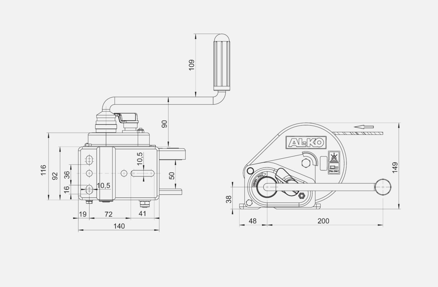 Treuil AL-KO Basic avec frein • Type 450 A avec déroulement automatique • Avec bande de 6 m pour remorquer jusqu'à 450 kg.
