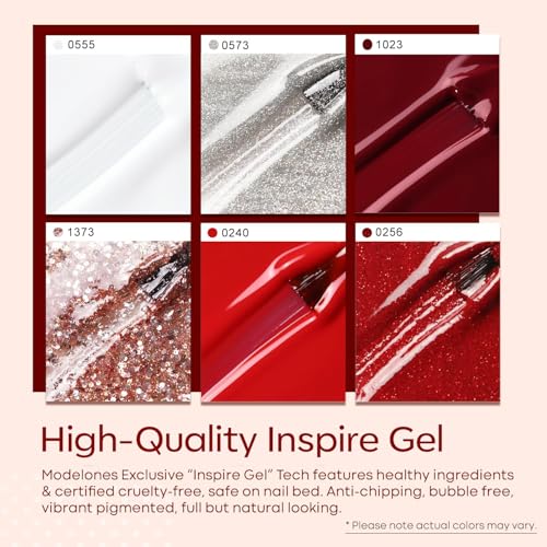 Image of modelones Red Gel Nail Polish Set 6 Colors, White Glitter Sparkle Bright Burgundy Dark Rose Champagne Silver Candy Cane Nail Polish Kit Soak Off Nail Art Manicure Salon DIY Gift Women