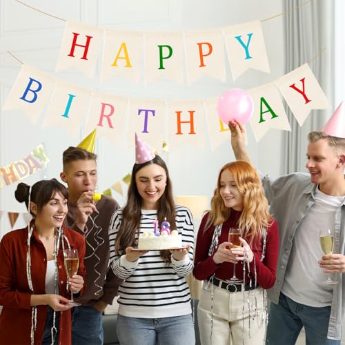 Image of Doumeny Happy Birthday Burlap Banner Boho Birthday Garland Banner Rainbow Bohemian Bunting Garland White Birthday Hanging Bunting Multicolor Birthdays Sign Party Flag for Home Mantel Fireplace Nursery