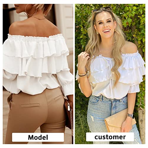 Byinns Women's Off Shoulder Ruffle Trendy Summer Fashion Long Sleeve Blouse Sexy Dressy Casual Outfits Layered Tops2
