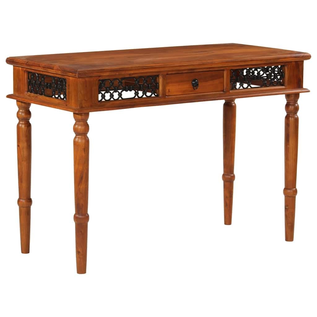 Scrivania in legno di acacia massiccio con cassetto, 110 x 50 x 76 cm, tavolo da lavoro per casa, ufficio, studio, segretario con maniglia in metallo e finitura color miele
