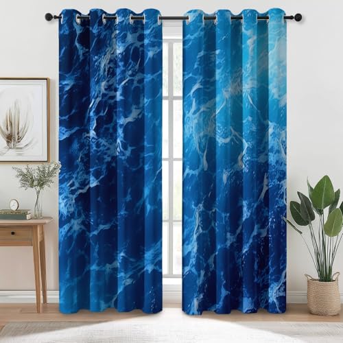 Eyelet Blackout Curtains 65 inch Long - Abstract Water Surface Waves Decor Thermal Curtains for Bedroom Living Room, Blue Energy Efficient Opaque Curtain Drapes 2 Panels W 29.5" x L 65"