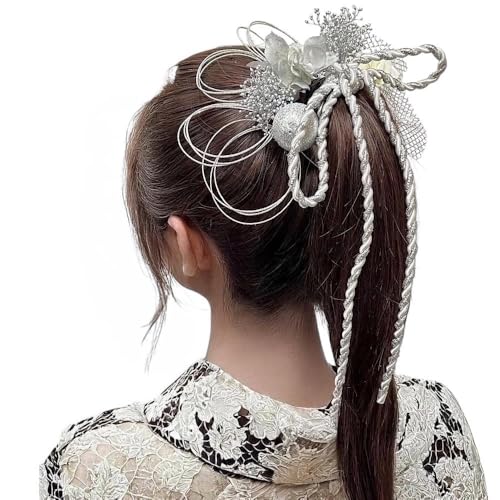 flower studio no107 水引フラワー髪飾り 成人式 結婚式 卒業式 七五三 髪飾り アーティフィシャルフラワー プリザーブドフラワー (シルバー)