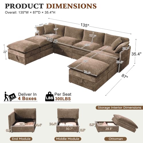 Image of Ihanherry 135 inch Oversized Sectional Sofa Bed with Storage, 8-Seater Modular Cloud Couch with Movable Ottomans, Chenille Deep Seat Sleeper Couches for Living Room (Brown)