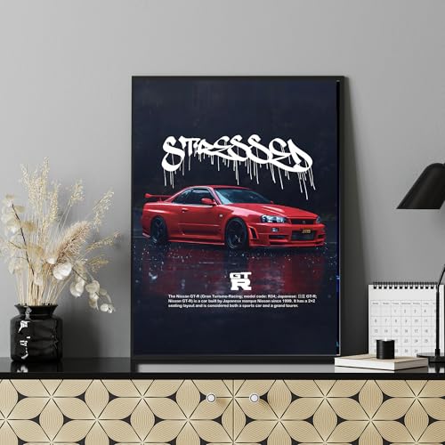 Image of Stylish Nissan GT-R R34 Poster A4 Size - Street Art Graffiti Car Wall Decor | JDM Sports Car Print | Aesthetic Automotive Wall Art for Room & Office (Design 12)