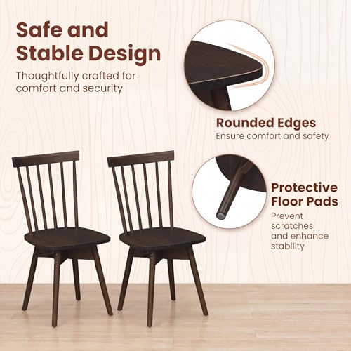 Image of COSTWAY Swivel Windsor Dining Chairs Set of 2, Farmhouse Solid Rubber Wood Kitchen Side Chair w /Curved Spindle Back, Armless Accent Chairs for Home, Dining Room, Living Room, Restaurant (Walnut)