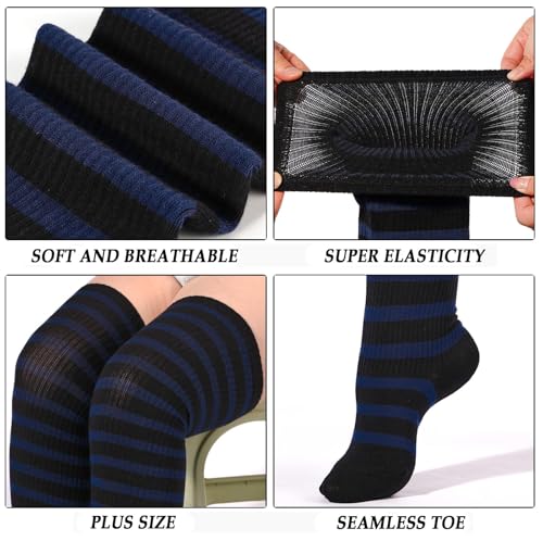 Image of Moon Wood Plus Size Thigh High Socks for Women Knit Cotton Extra Long Striped Over the Knee High Socks Leg Warmers
