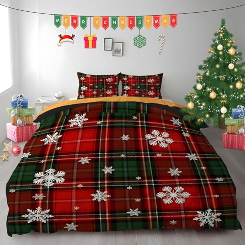 布団カバー クイーン クリスマス赤緑チェック|マイクロファイバー 掛け布団カバー 210x210 +枕カバー 2枚 3点セット|吸汗速乾・防静電気・洗濯耐久|肌ざわり最高 雪の結晶 なプリントデザイン PH635