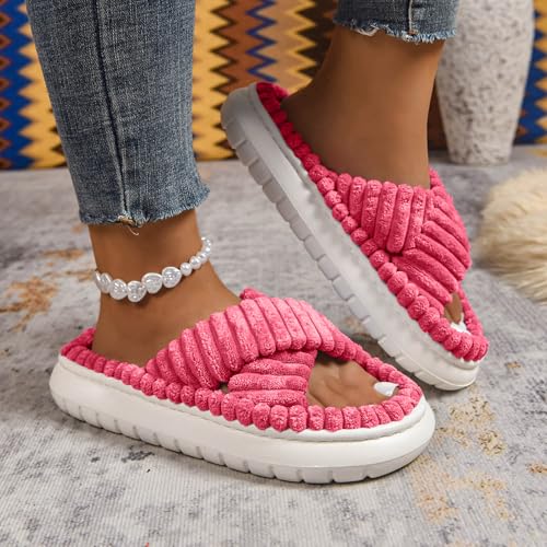 House Slippers for Women Arch Support Open Toe Corduroy Cross Band Fuzzy Slippers Anti-Skid Slip On Cozy Soft Plush Home Shoes Indoor and Outdoor4