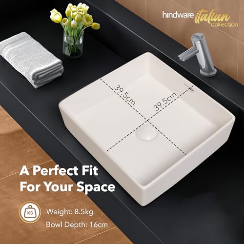 Image of Hindware Italian Collection Magro-S Table Top Wash Basin for Bathroom | Made of Ceramic | Star White | Square Shape | Over the Counter Basin