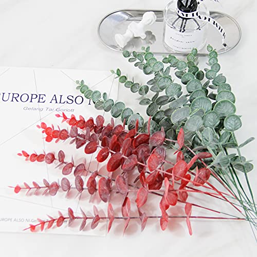 Image of Tinsow Real Touch Leaf Artificial Eucalyptus Stem Faux Eucalyptuses Wedding Bouquet Centerpiece Home Decor (26, Red)