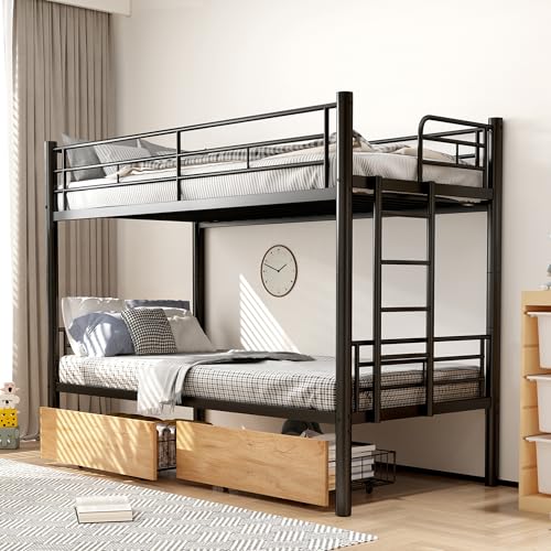 AlpineAura Litera 90 x 200 cm, cama alta con somier, cama alta con 2 cajones, convertible en 2 camas separadas con escalera y protección anticaídas, sin ruido, color negro (litera con cajones)