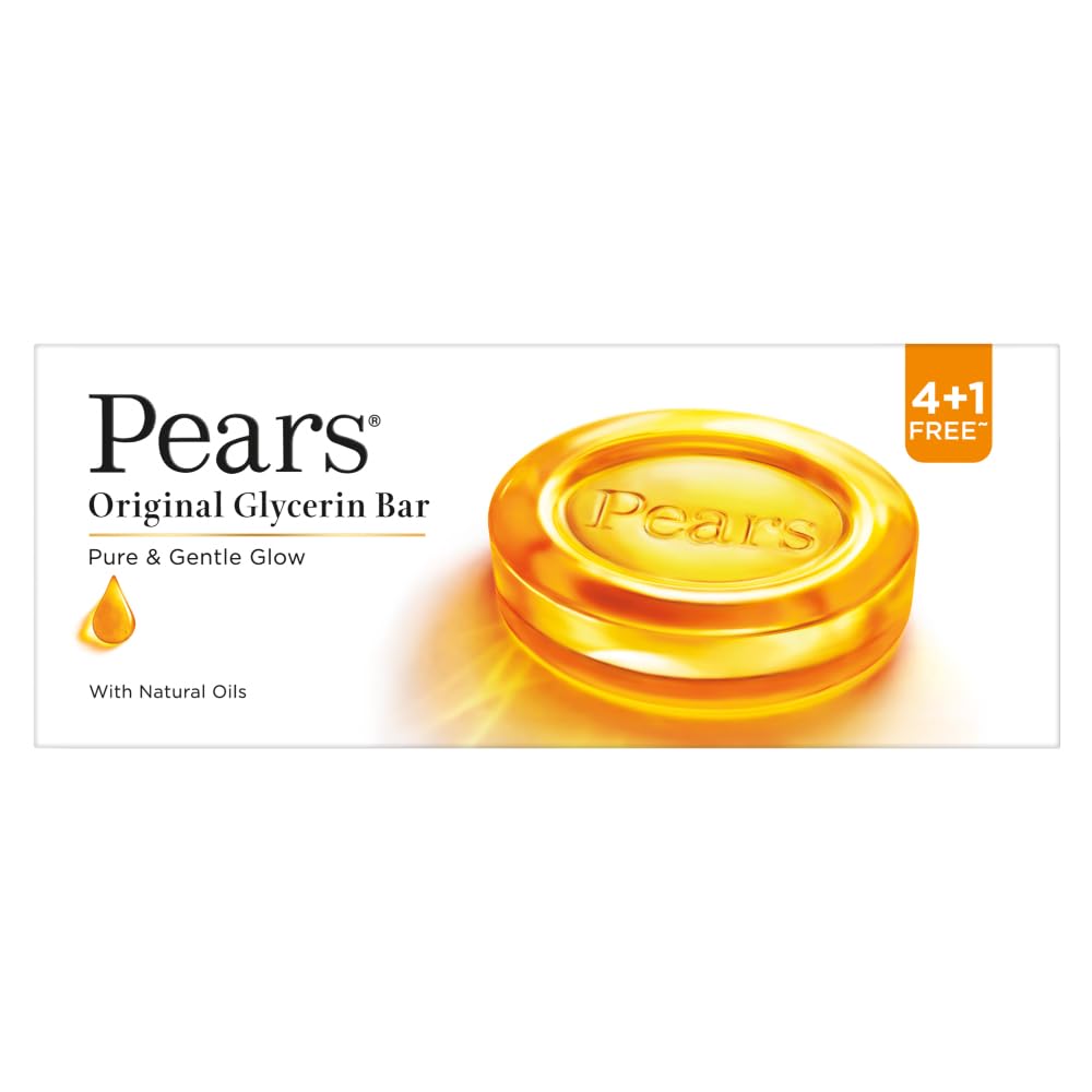 Pears Pure & Gentle Soap Bar (Buy 4 get 1 free) - With Glycerin for Soft, Glowing Skin & Body, Paraben-Free Body Soaps For Bath