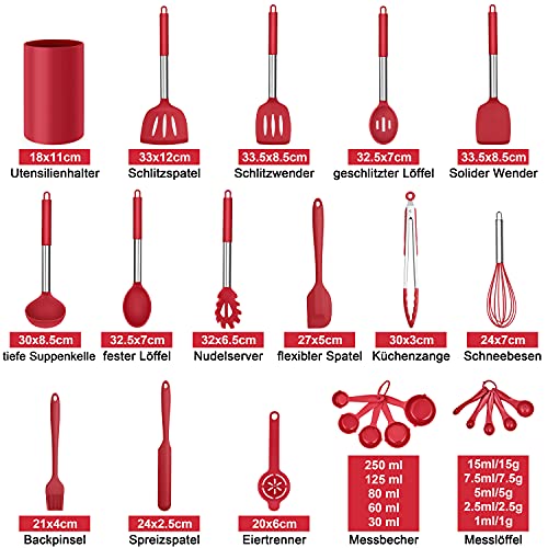 Herogo Küchenhelfer Set, 25 Stück Silikon Küchenutensilien mit Halter, Hitzebeständiger Kochbesteck Set mit Edelstahlgriff, Antihaft Kochutensilien Küchenset, Aufbewahrungsbehälter, Rot