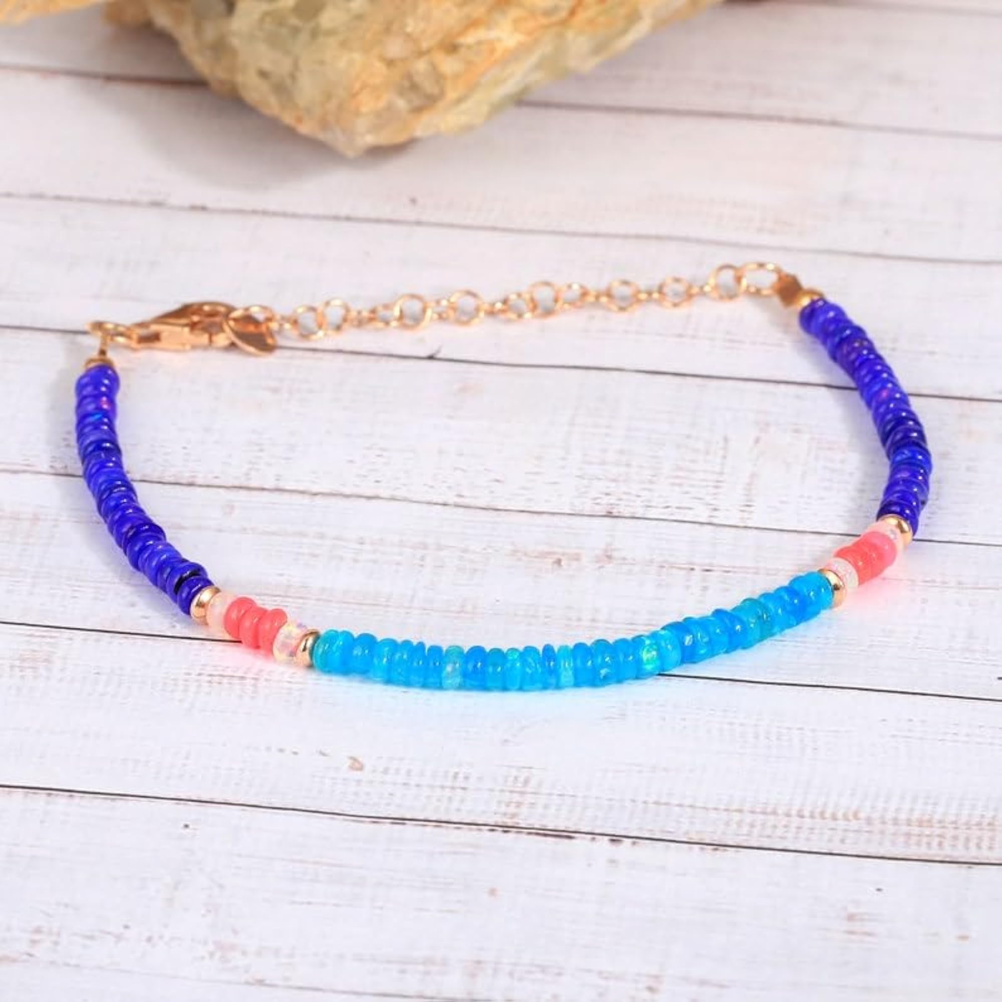 Multi Opal Rondelle Bead Bracelet, Adjustable Silver Plated Clasp