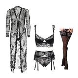 YTBUBOR Sexy Lace Ultra-Thin Push Up Underwear Set Nightgown+Bra+Garters+ Panties+ Stockings +Thong...