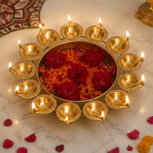 Image of Webelkart Gold Polish Diya Shape Flower Decorative Urli Bowl for Home Handcrafted Bowl for Floating Flowers and Home,Office and Table Decor- Diwali Decorations Items 1 L