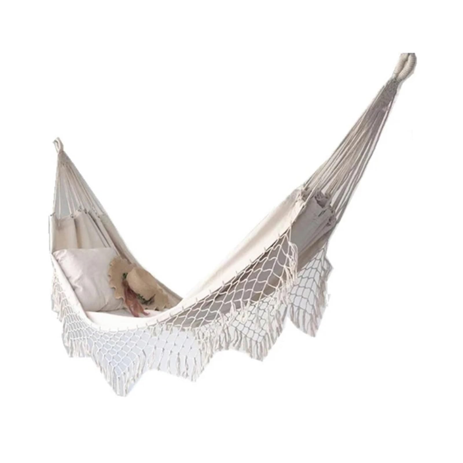 Double Hammock Woven Fringe Tassels Canvas Large Hanging Swing Bed Chair for Beach Yard Bedroom Patio Porch(Color-W)