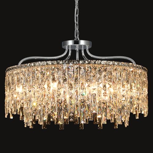 Image of 10 Lights Chrome Round Crystal Chandeliers for Dining Room 28 inch