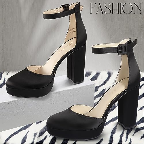 Women's Black Platform Heels with Closed Toe and Chunky Block Pumps, 4 Inch