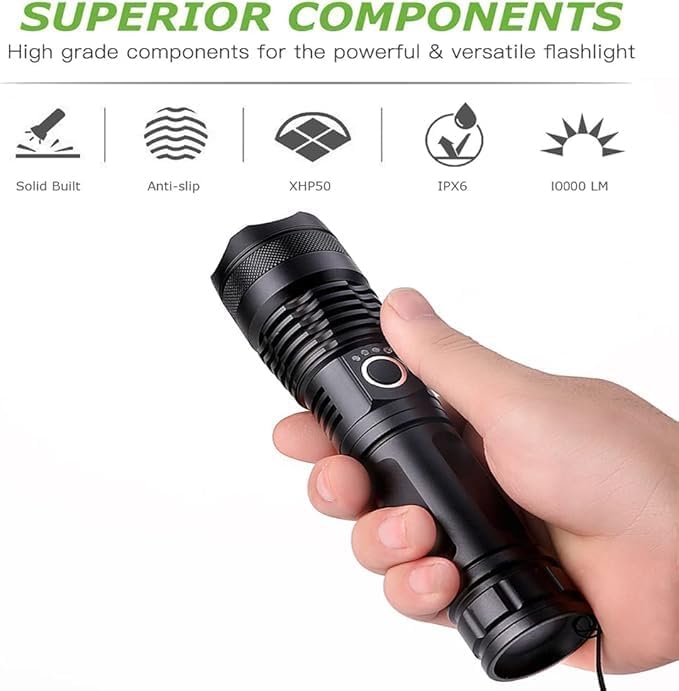 Rechargeable LED Flashlight, High Lumens XHP70 Tactical, Zoom, 5 Modes, Waterproof, 5000mAh Battery and Emergency Battery Kit, USB Output Power Supply for Outdoor, Emergency, Camping, Hiking