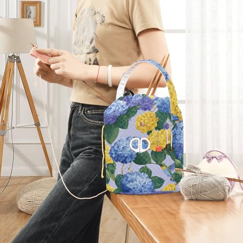 Image of ElliTarr Crochet Bag Yarn Bag with Handle Portable Knitting Project Bag Travel Yarn Storage Organizer Holder Case Blue Hydrangeas Hummingbirds