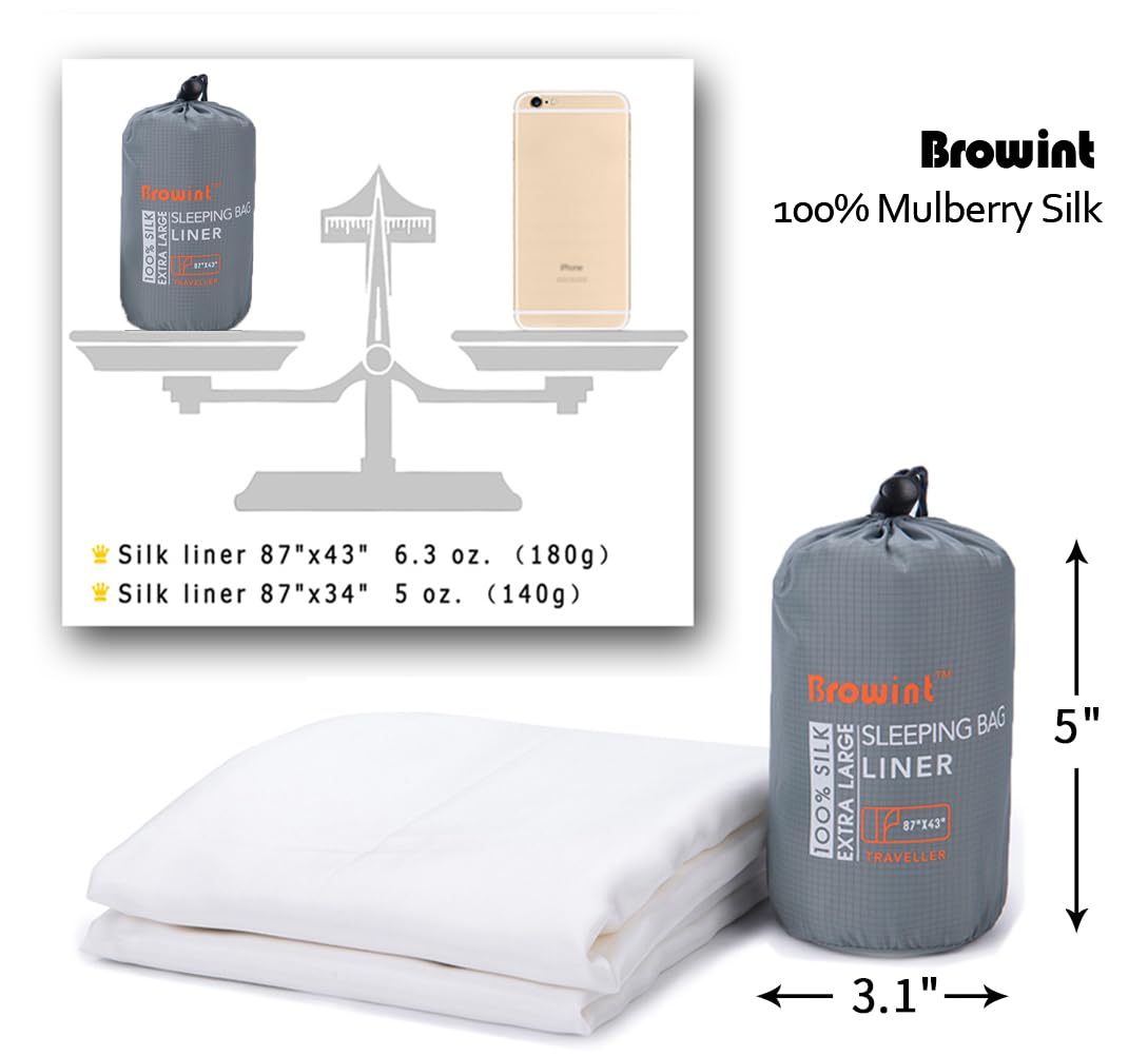 Browint Doublure de sac de couchage en soie, drap de couchage en soie, extra large, 221 x 109,2 cm, drap léger pour voyage et camping, pour hôtel, plus de couleurs au choix, soufflets renforcés, poche