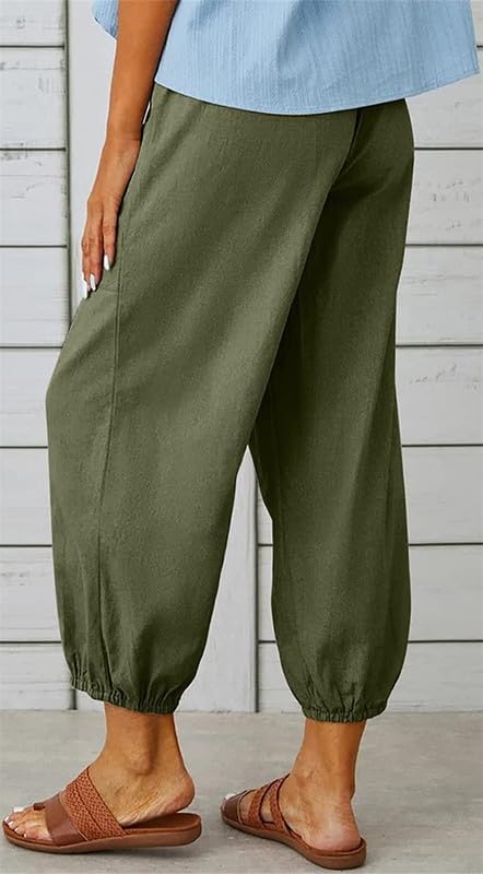 Womens Capri Pants Cotton Linen Cropped Trousers Summer Wide Leg Drawstring High Waist Palazzo Pants with Pockets - Image 4