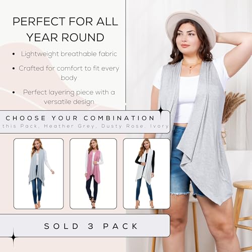 Image of Azules Sleeveless Cardigan for Women, Soft Lightweight Duster Open Front Sleeveless Long Cardigan Vest (3 Pack)
