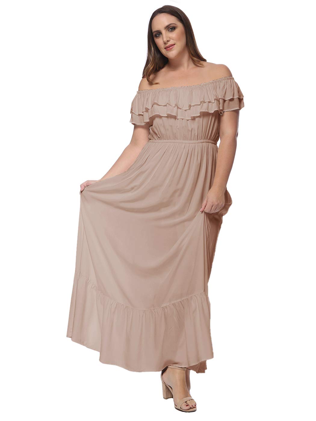 Anna-Kaci Women's Plus Size Boho Ruffle Off Shoulder Stretchy Maxi Long Dress