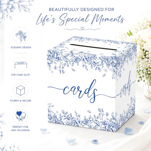 Image of Blue Floral Wedding Card Box with Slot for Baby Shower and Birthday | Roomy 8.7 Inch Cube Holds Cards and Envelopes While Keeping Gift Tables Neat at Weddings, Baby Showers and Birthday Parties