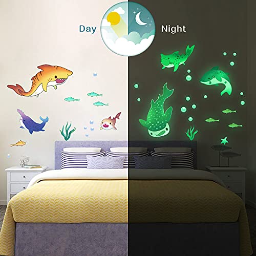 Mesu Cartoon Shark Glow In The Dark Stickers Luminous Wall Decals Underwater World Home Ceiling Decor For Boys Room Nursery Kids Gift Shark #TOP2