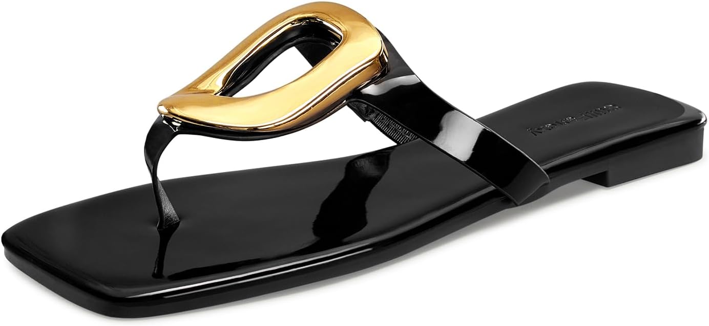 Gold Buckle Flat Sandals for Women Square Toe Dressy Flip Flops Trendy Thong Sandals Slide Sandals