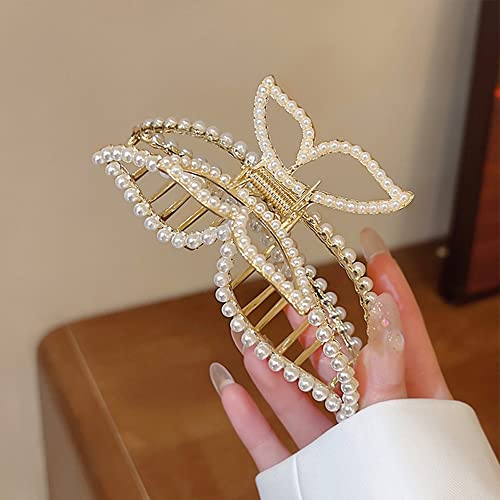 Metal Pearl Hair Claw Clips Butterfly Hair Accessories Elegant Large Rhinestones Headbands Hairpin Hair Tie Hair Crab Barrette Head Bands Hair Accessories Clamp Hair Ornaments For Women 1Pcs #TOP4