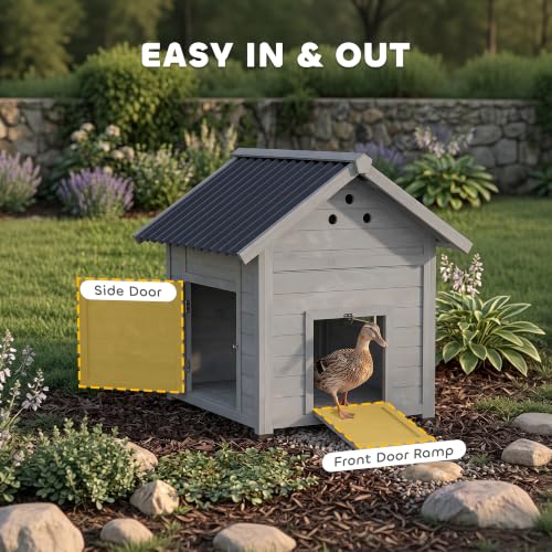 Image of PawHut Duck Coop, Wooden Duck House, Outdoor Small Animal House with Openable Roof, Double Doors, Removable Base for 1-3 Ducks, Chickens, Rabbits, Cats, Light Gray