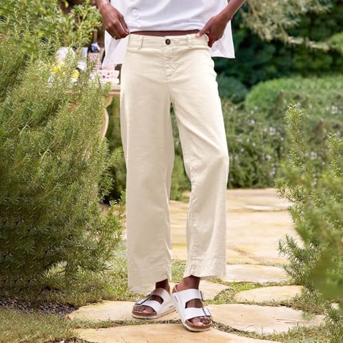 Cotton Linen Pants for Women with Pockets Wide Leg High Waisted Flowy Palazzo Pants Ladies Baggy Elastic Boho Trousers3