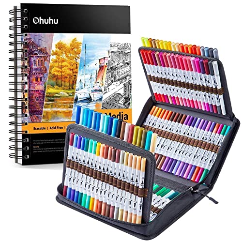 Ohuhu 120 Colors Art Markers Set, Dual Tips Coloring Brush Fineliner Color Marker Pens+Mix Media Pad, 10"×7.6" Mixed Media Art Sketchbook #TOP7