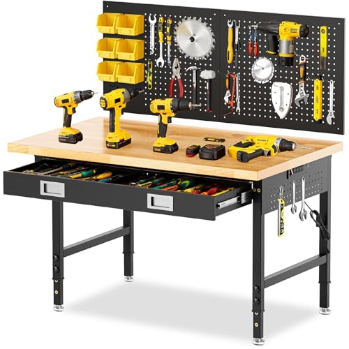 Image of 48 inch Workbench with Drawers, Adjustable Height Work Bench 2000 LBS Heavy-Duty Work Table Rubber Wood Work Station with Power Outlet & Pegboard for Garage, Office, Workshop, Home, Party Shop