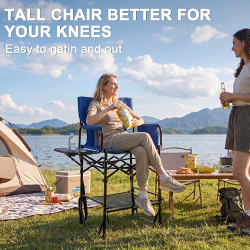 Image of Romswi 2 Pack 30 inch Extra Tall Folding Camping Chairs, Heavy Duty Director Chairs with Side Table, Cup Holder & Storage Pocket, 400 LBS Support, Portable Outdoor Chairs for Camping, Sports, Events, Blue