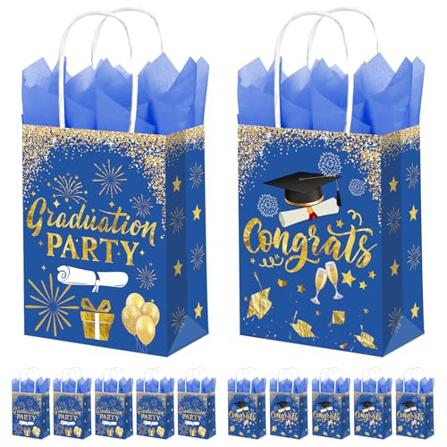 Sac cadeau remise de diplôme bleu lot de 12 avec papier de soie pour féliciter les diplômés