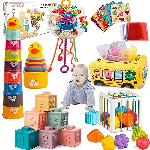 Baby Toys 6 to 12 Months, Montessori Toys for 1 Year Old, Silicone Pull String Teething Toy, Stacking Building Blocks Infant Toddler Toy 0-3, Color Shape Bin Sensory, Baby Boys&Girls Gifts