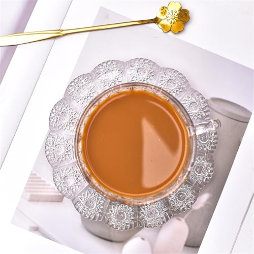 Taza de cristal vintage para desayunos elegantes con platillo y relieve girasol 5