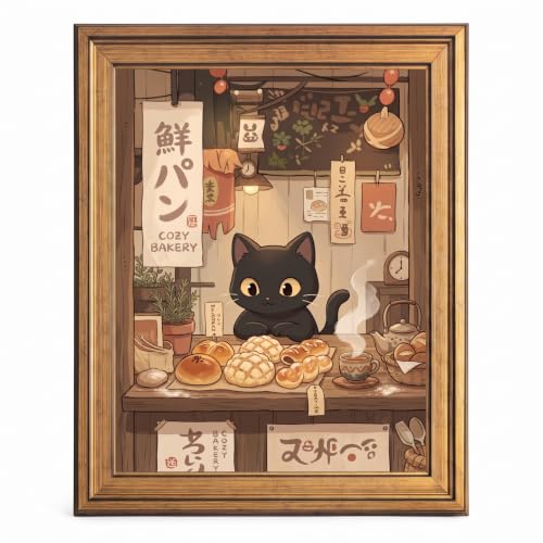 Framed Canvas Wall Art Retro Anime Dark Kitty Bakery Warm Earthy Tones Canvas Print Poster Gold Frame Wall Decor for Kitchen Dining Room Cozy Art, Whimsical Poster - Inch 12x16